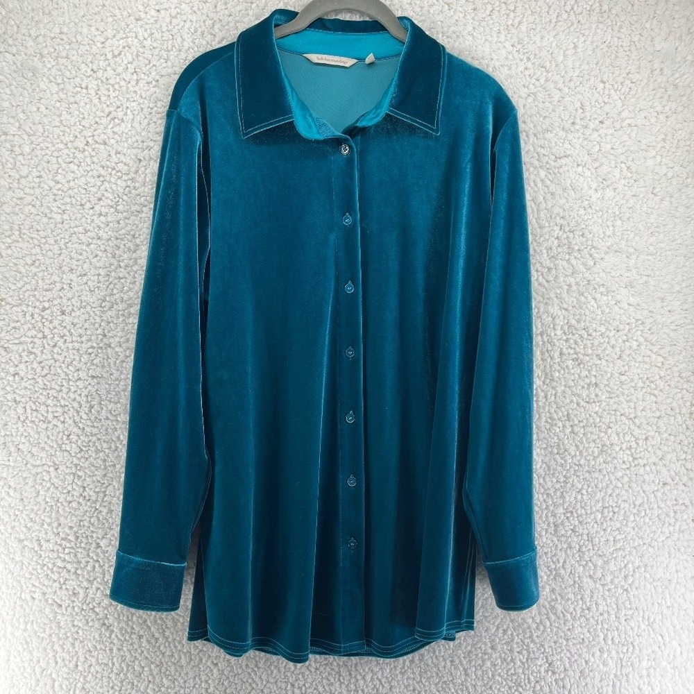 Soft Surroundings Teal Velvet Button Up Tunic Top Women's Medium Stretch Velour